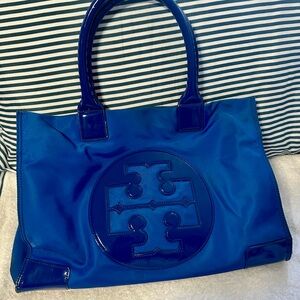 Tory Burch Ella Tote Bag Nylon Leather Blue